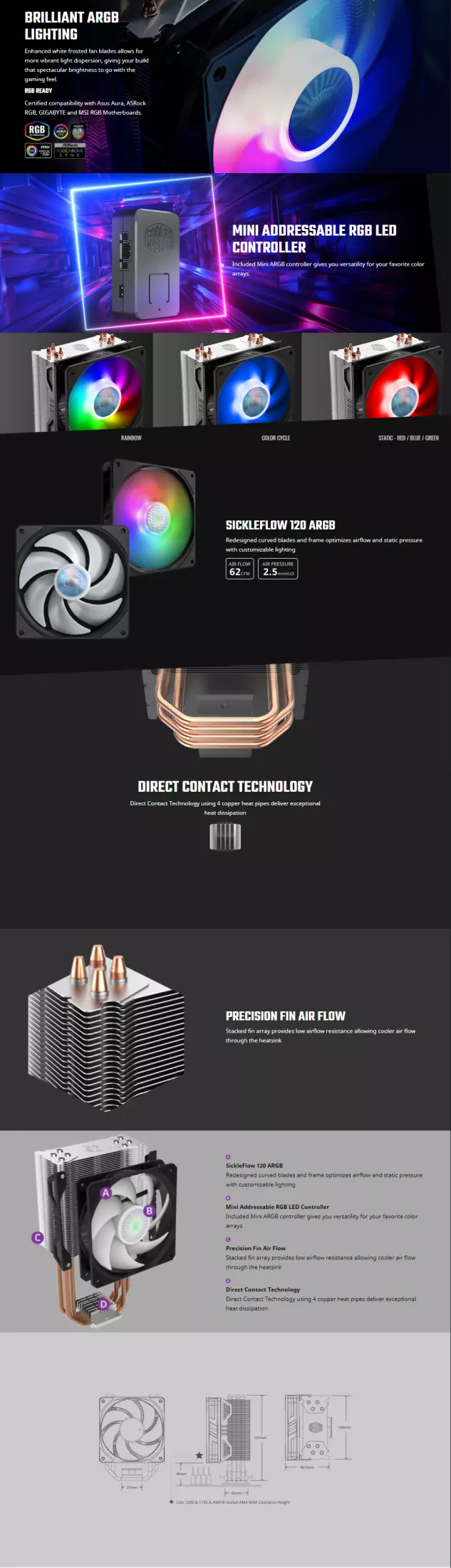 Cooler Master HYPER 212 ARGB EDITION CPU Cooler 4 HeatPipes Addressable RGB Fan