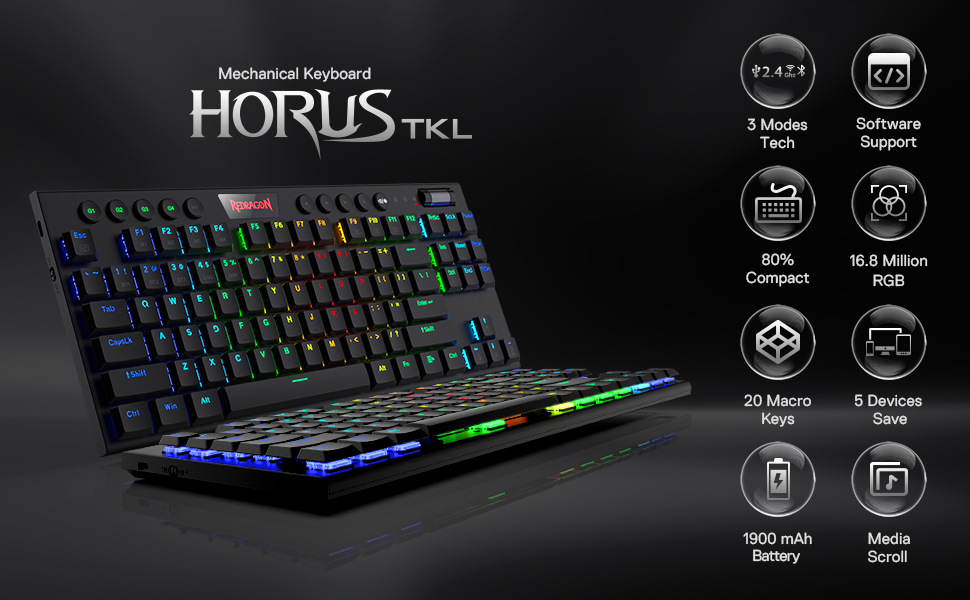 Redragon K621 Horus TKL RGB Mechanical Wire & Bluetooth & Wireless Low Profile Linear Red Switch - Black