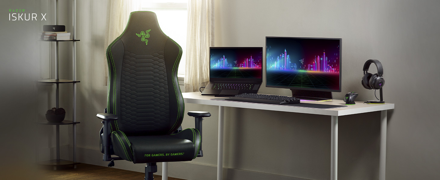 Razer Iskur X Ergonomic For Hardcore Gaming Multi-Layered Leather High-Density Foam - Black/Green