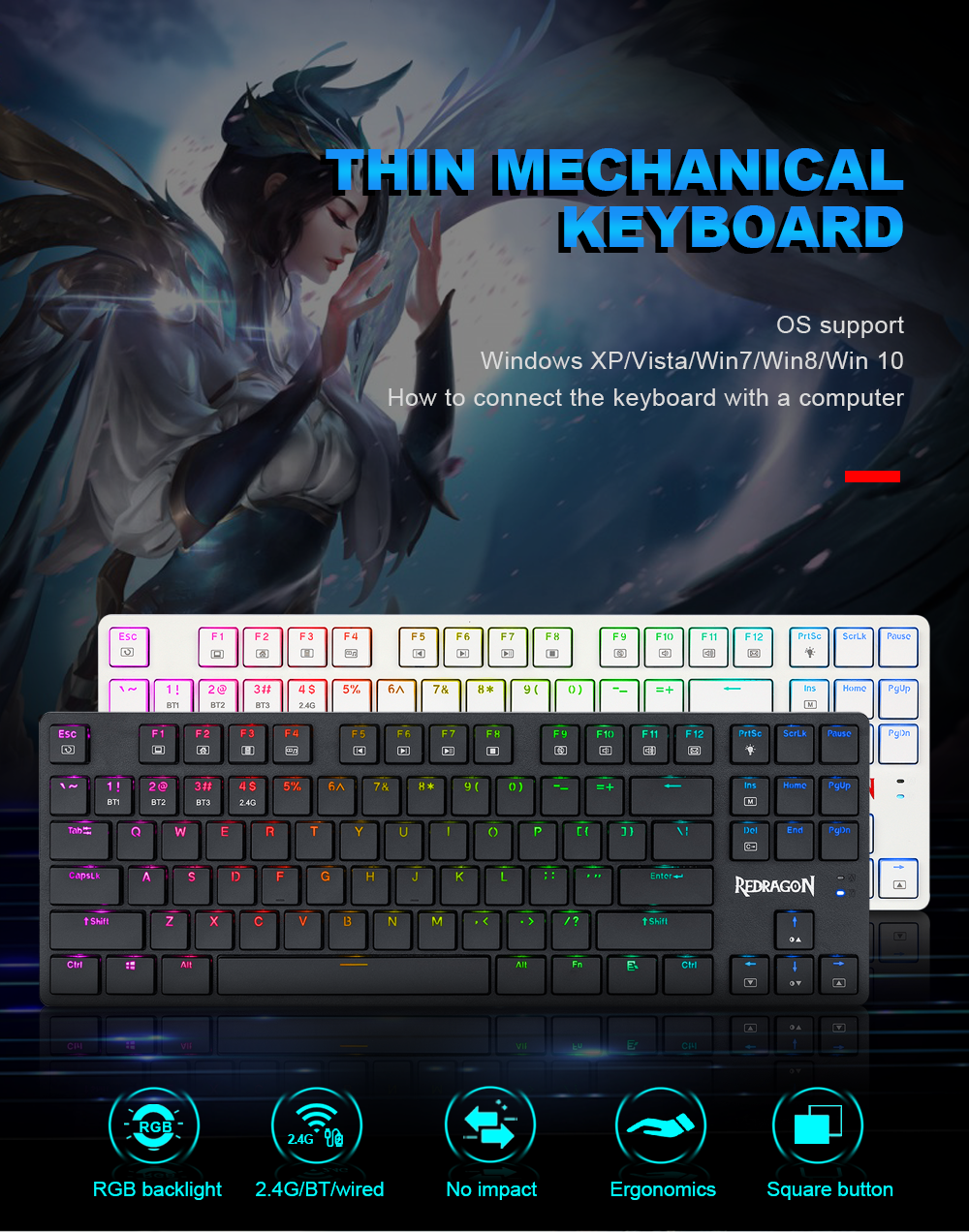 Redragon K539 Anubis RGB Mechanical Wire & Bluetooth & Wireless Low Profile Brown Switches - White