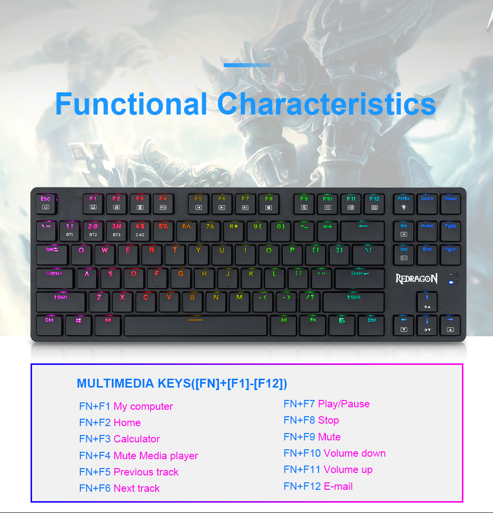 Redragon K539 Anubis RGB Mechanical Wire & Bluetooth & Wireless Low Profile Brown Switches - White