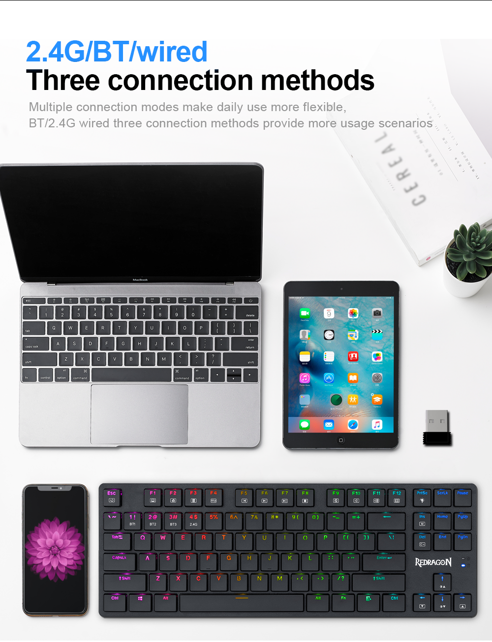 Redragon K539 Anubis RGB Mechanical Wire & Bluetooth & Wireless Low Profile Brown Switches - White
