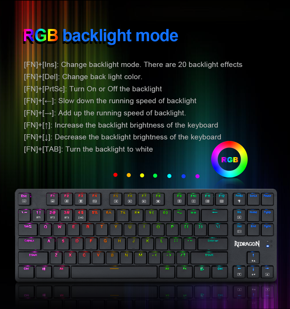 Redragon K539 Anubis RGB Mechanical Wire & Bluetooth & Wireless Low Profile Brown Switches - White