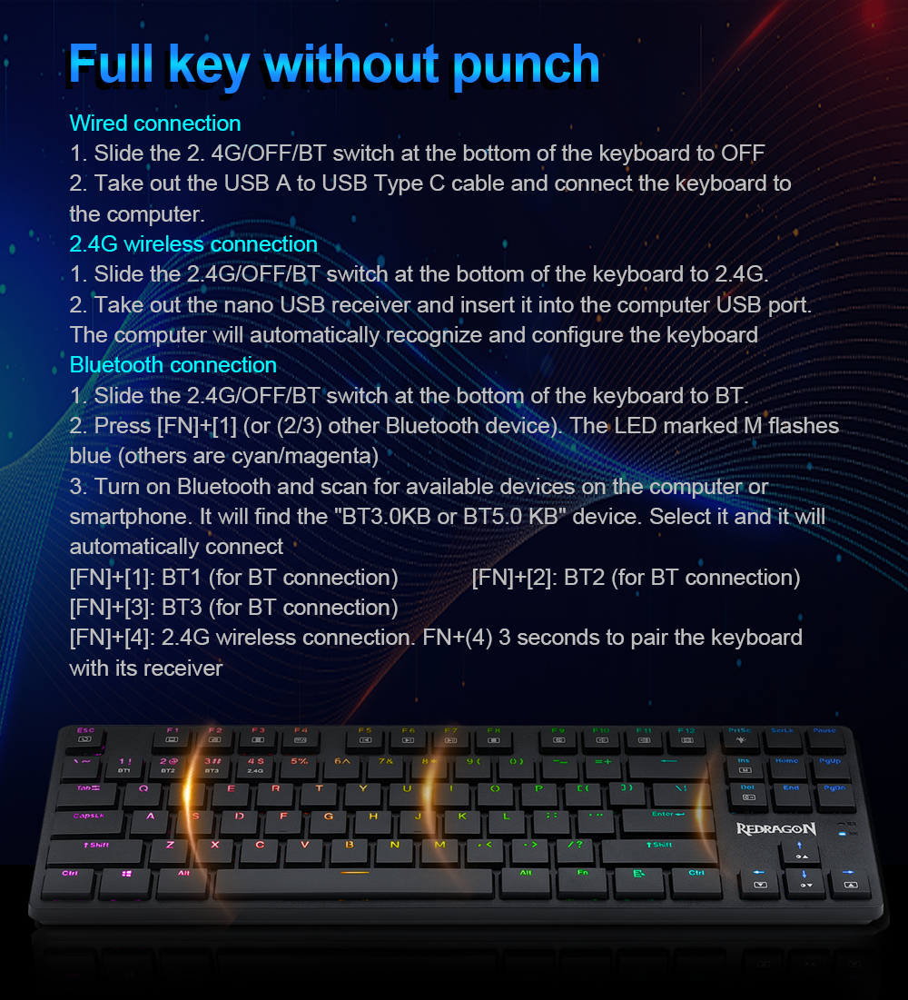 Redragon K539 Anubis RGB Mechanical Wire & Bluetooth & Wireless Low Profile Brown Switches - White
