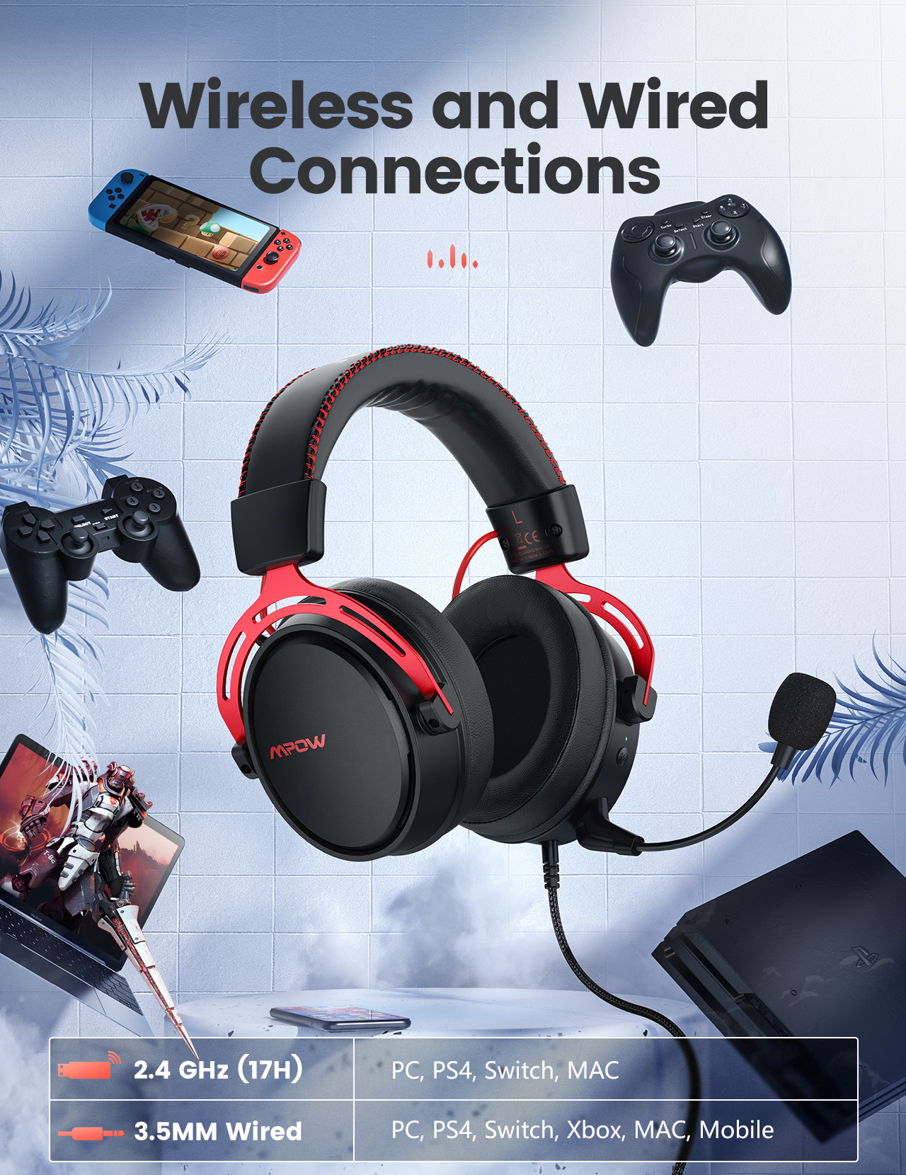 Mpow Air 2.4G Wireless Dual Chamber Up to 17 hours Noise Cancelling 3D Bass Ultra Light - Black / Red