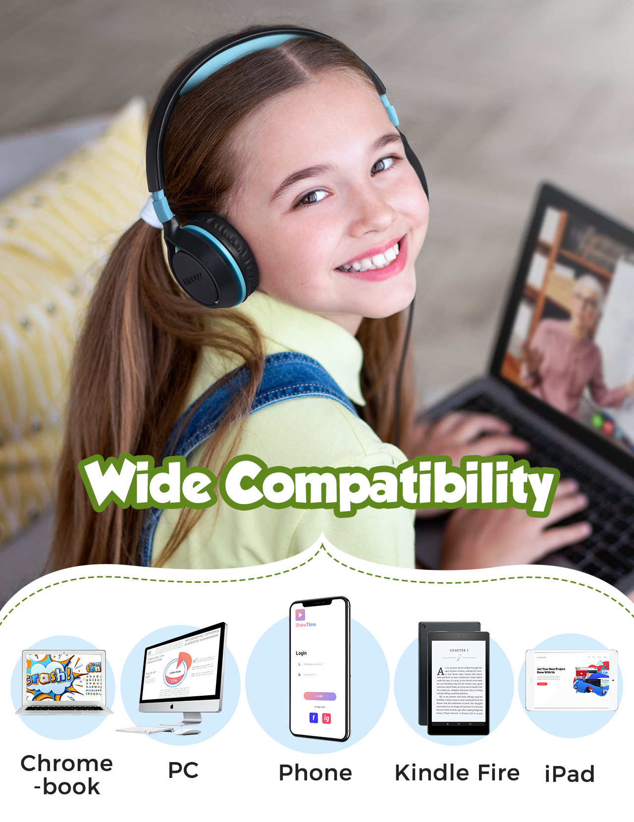 Mpow CHE1 Kids Wired For Kids Volume Limit 94dB Foldable For Cellphones, Tablets, PC - Blue