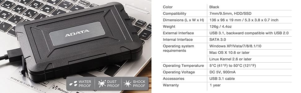 ADATA ED600 USB 3.1 Tool-Free Waterproof & Shockproof 2.5\" Enclosure