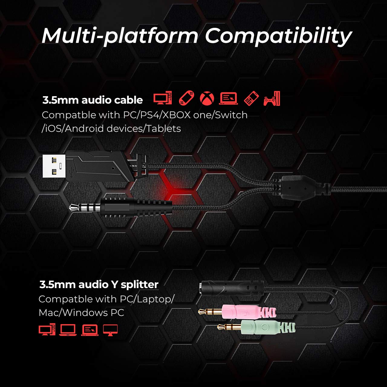 Mpow EG10 Wired Headset w/Noise Canceling For PC PS4 Xbox Switch , Black / Red