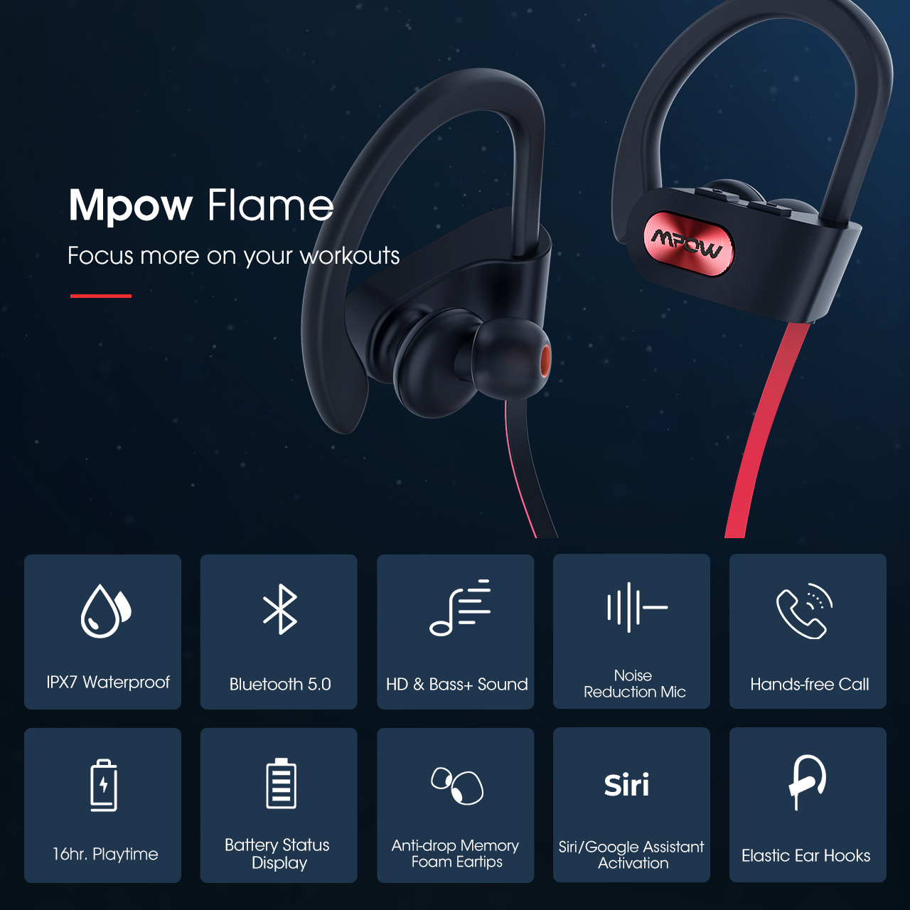 Mpow Flame IPX7 Waterproof Bluetooth V5.0 with Noise Canceling Mic HiFi Stereo , Black