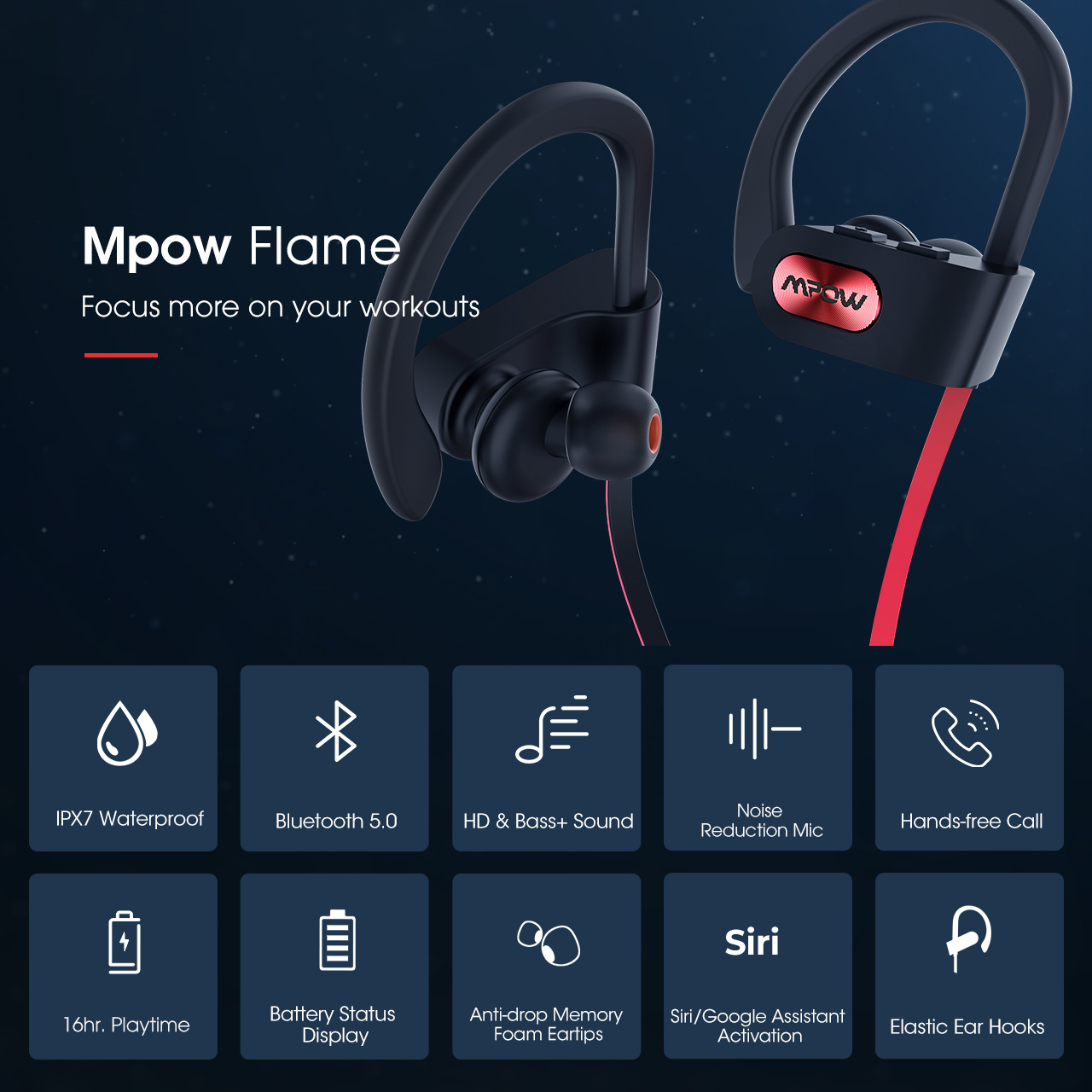 Mpow Flame IPX7 Waterproof Bluetooth V5.0 with Noise Canceling Mic HiFi Stereo , Blue