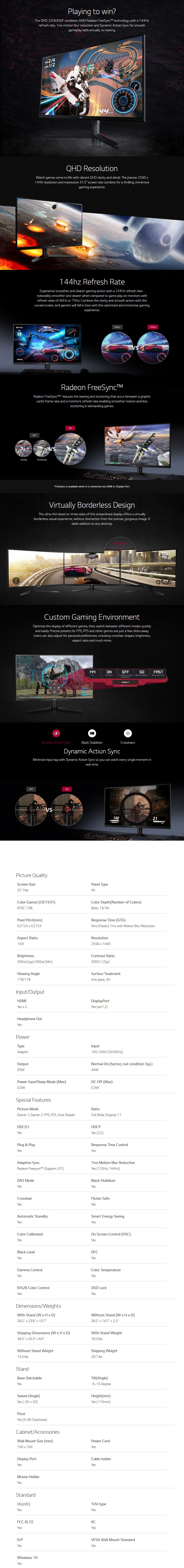 LG 32GK650F-B 31.5\" QHD 2K 144Hz QHD FreeSync Gaming Monitor