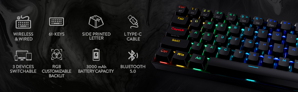 Redragon K530 RGB 61 Keys USB-C & Bluetooth for PC, Laptop, Cell Phone - Black