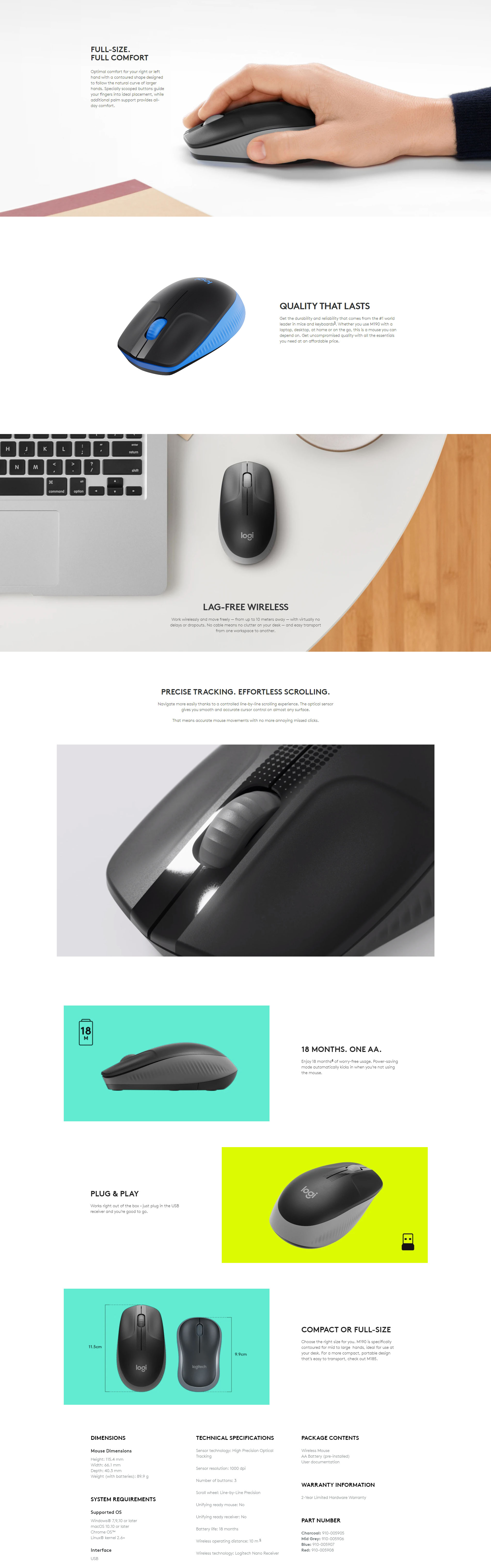 Logitech Wireless Mouse M190 Full Size Ambidextrous Curve Design