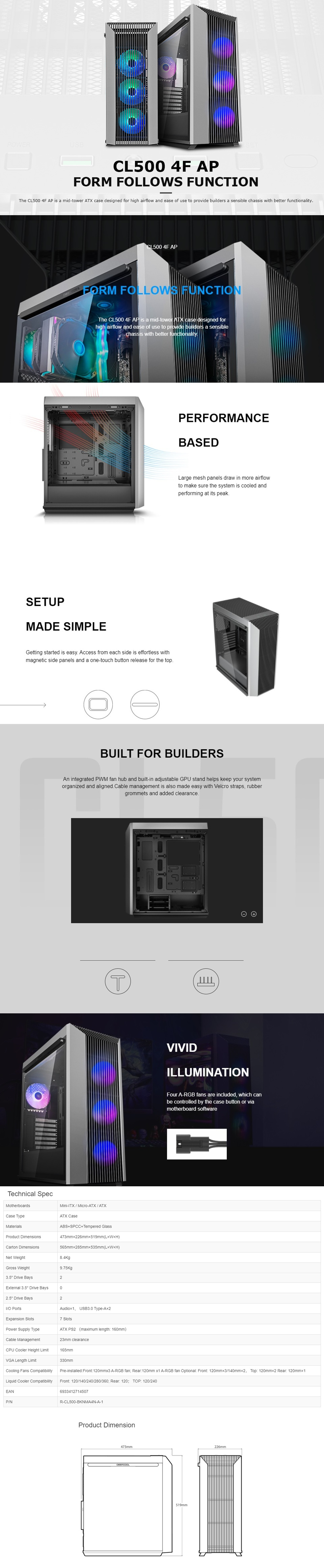 DeepCool CL500 4F High Airflow Mesh Tempered Glass w/ 4 A-RGB Fans
