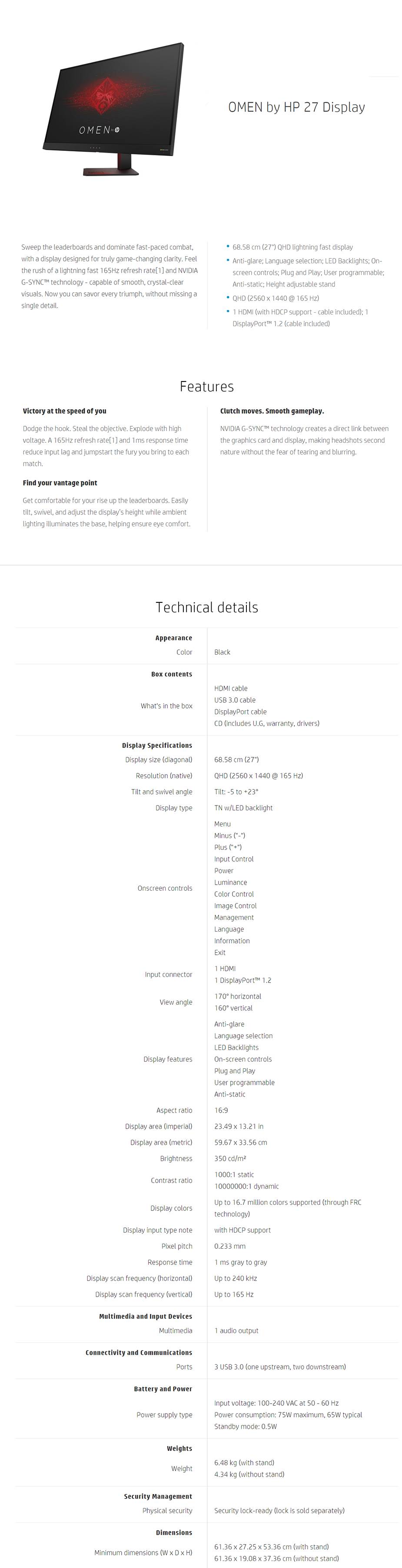 HP OMEN 27\" QHD 165Hz 1ms G-Sync Gaming Monitor