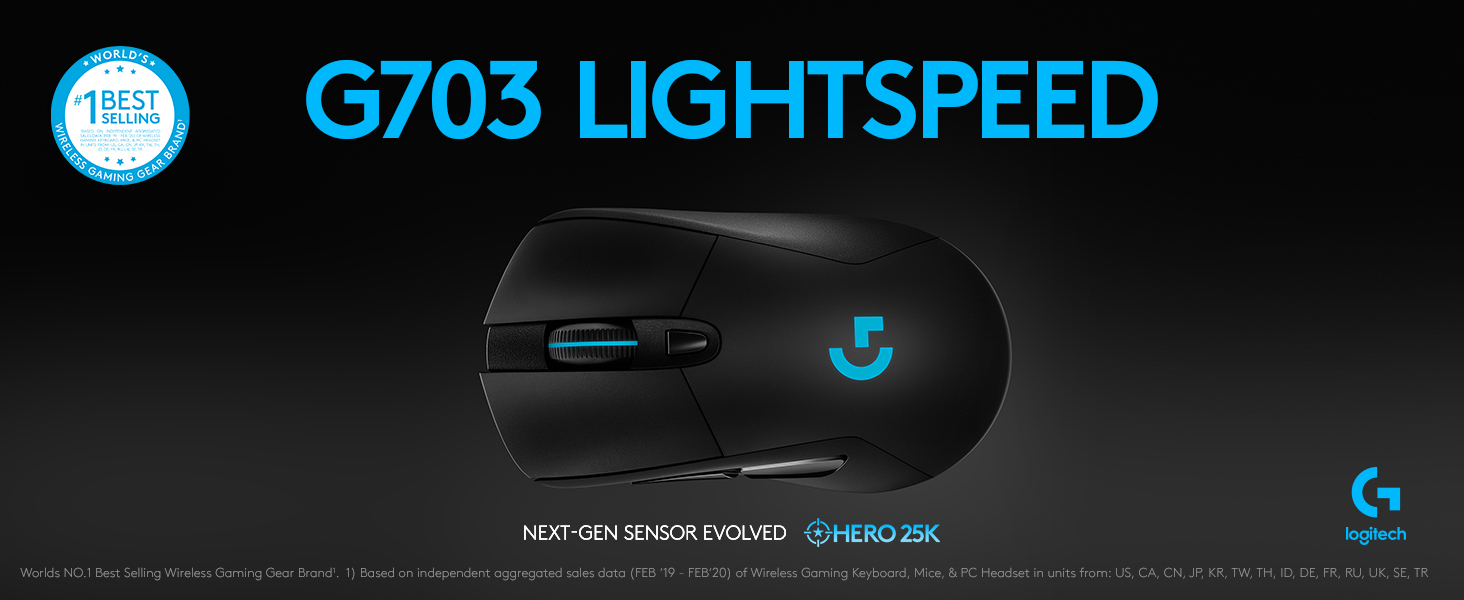 Logitech G703 Lightspeed Wireless w/ Hero 25K Sensor Lightsync RGB Lightweight 95G+10G Optional - Black