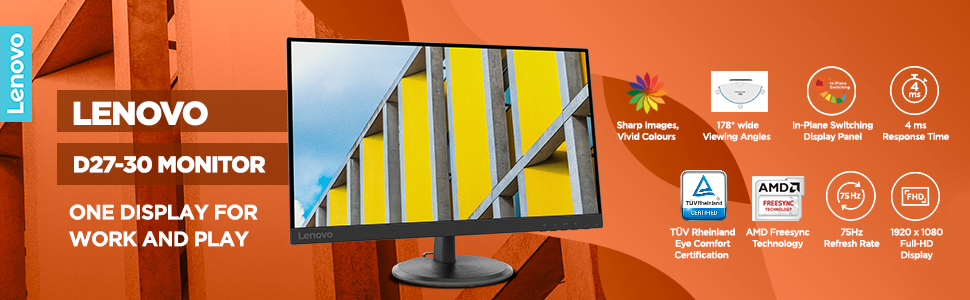 Lenovo D27-30 27\" Full HD VGA & HDMI 75Hz FreeSync VESA Mount TUV Eye Comfort