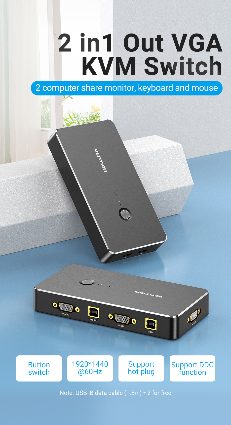 Vention 2 in 1 Out VGA KVM Switch