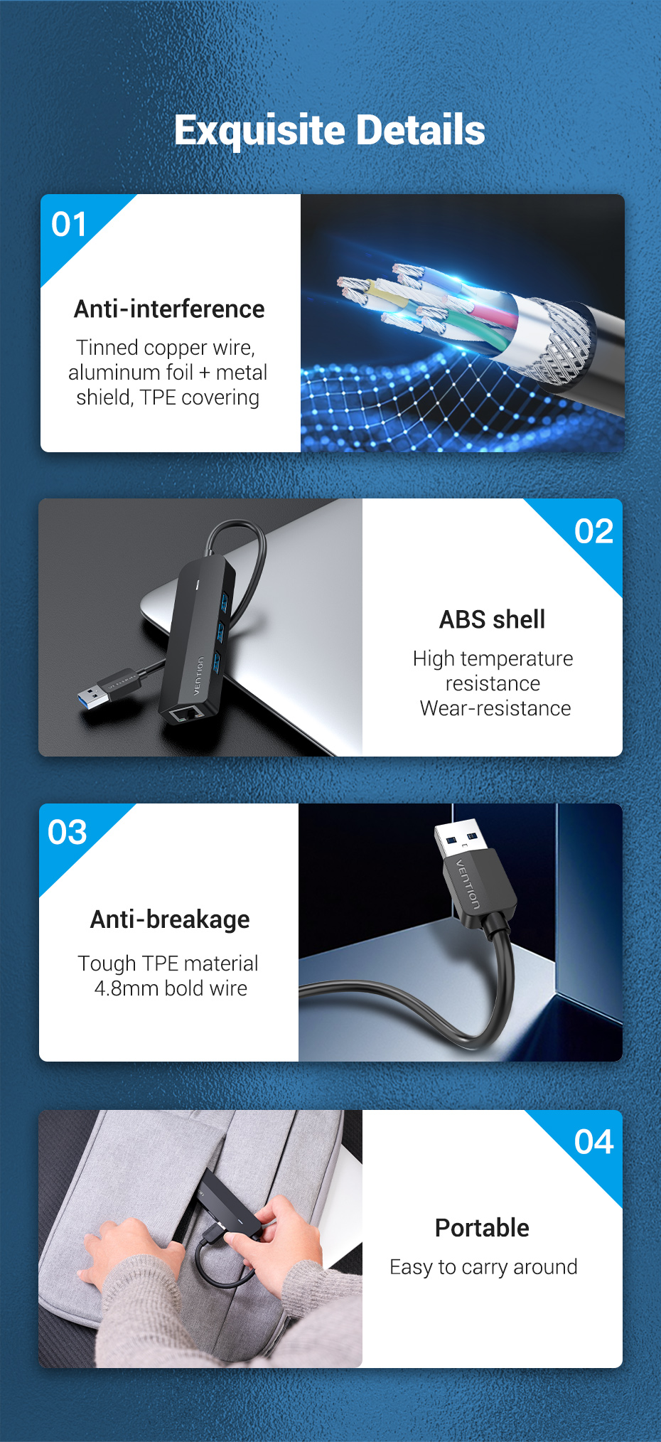 Vention 3-Port USB 3.0 Hub with Gigabit LAN Adap 0.15M