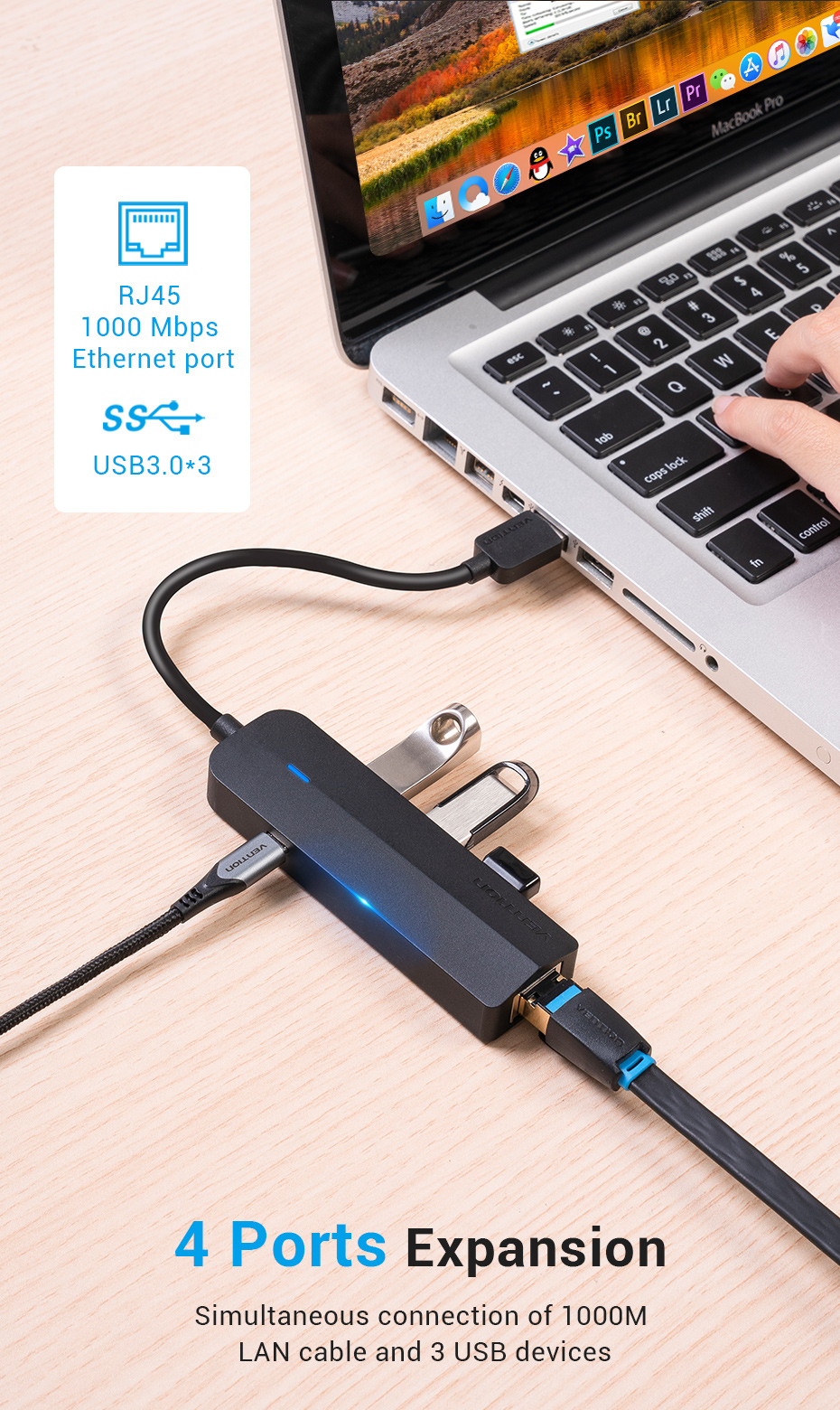 Vention 3-Port USB 3.0 Hub with Gigabit LAN Adap 0.15M