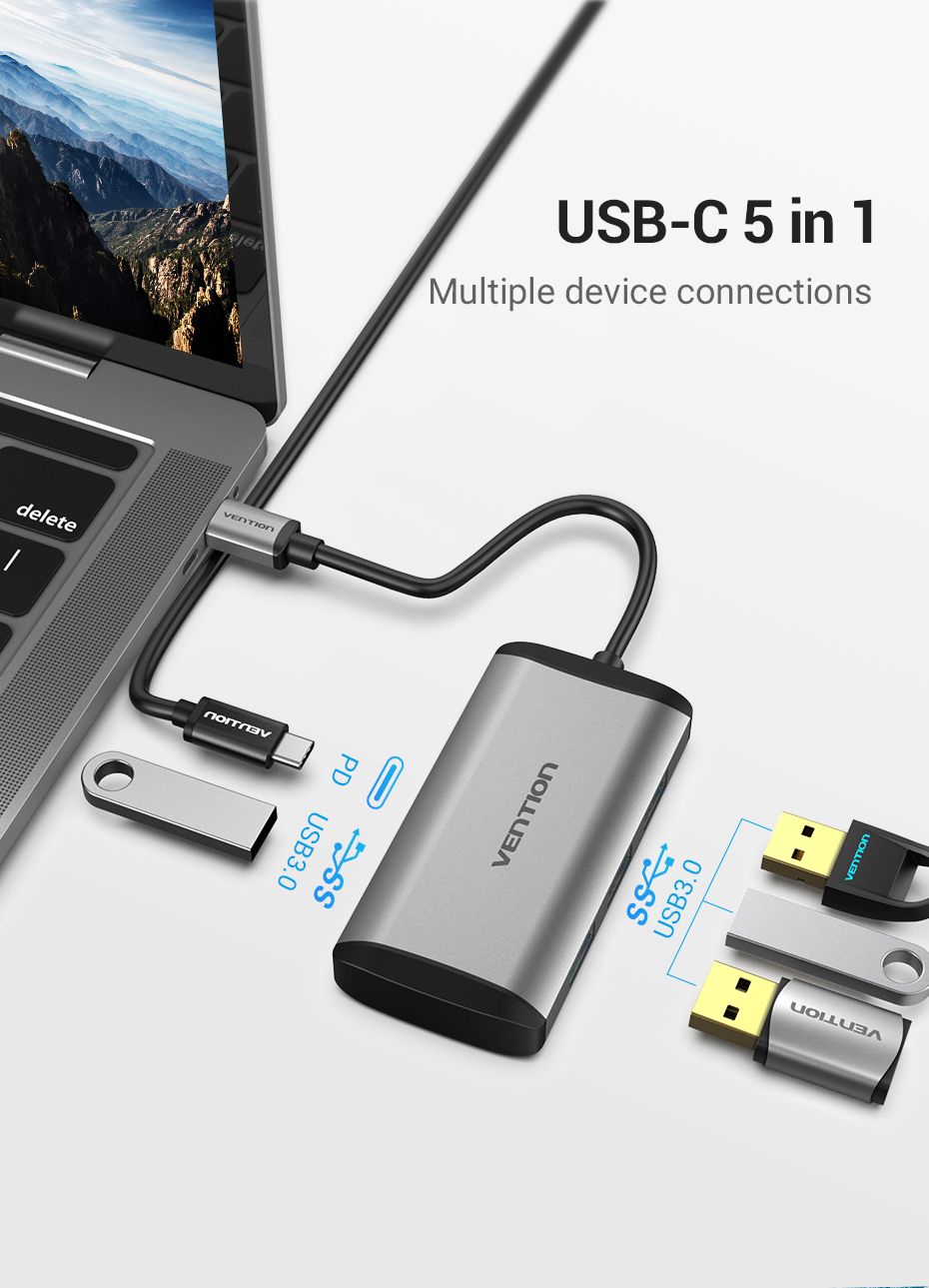 Vention Type-C to 4*USB3.0/PD Converter 0.15M