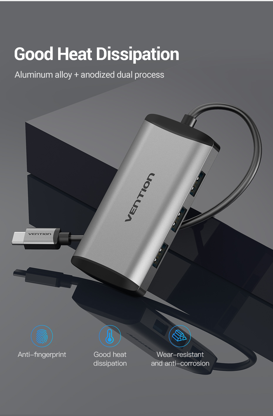 Vention Type-C to 4*USB3.0/PD Converter 0.15M