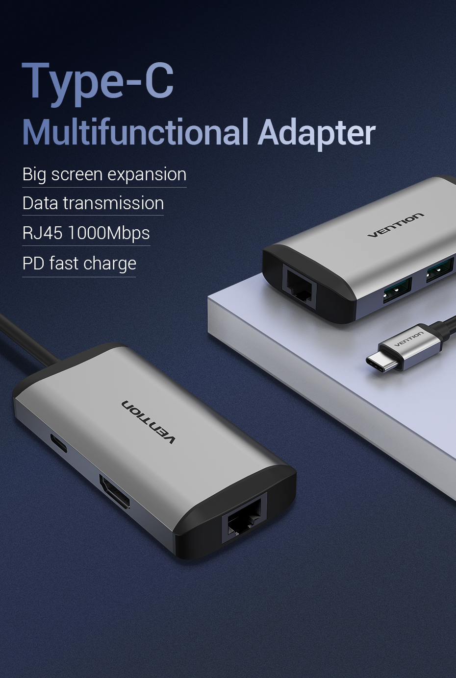 Vention Type-C to HDMI/3XUSB3.0/RJ45/PD