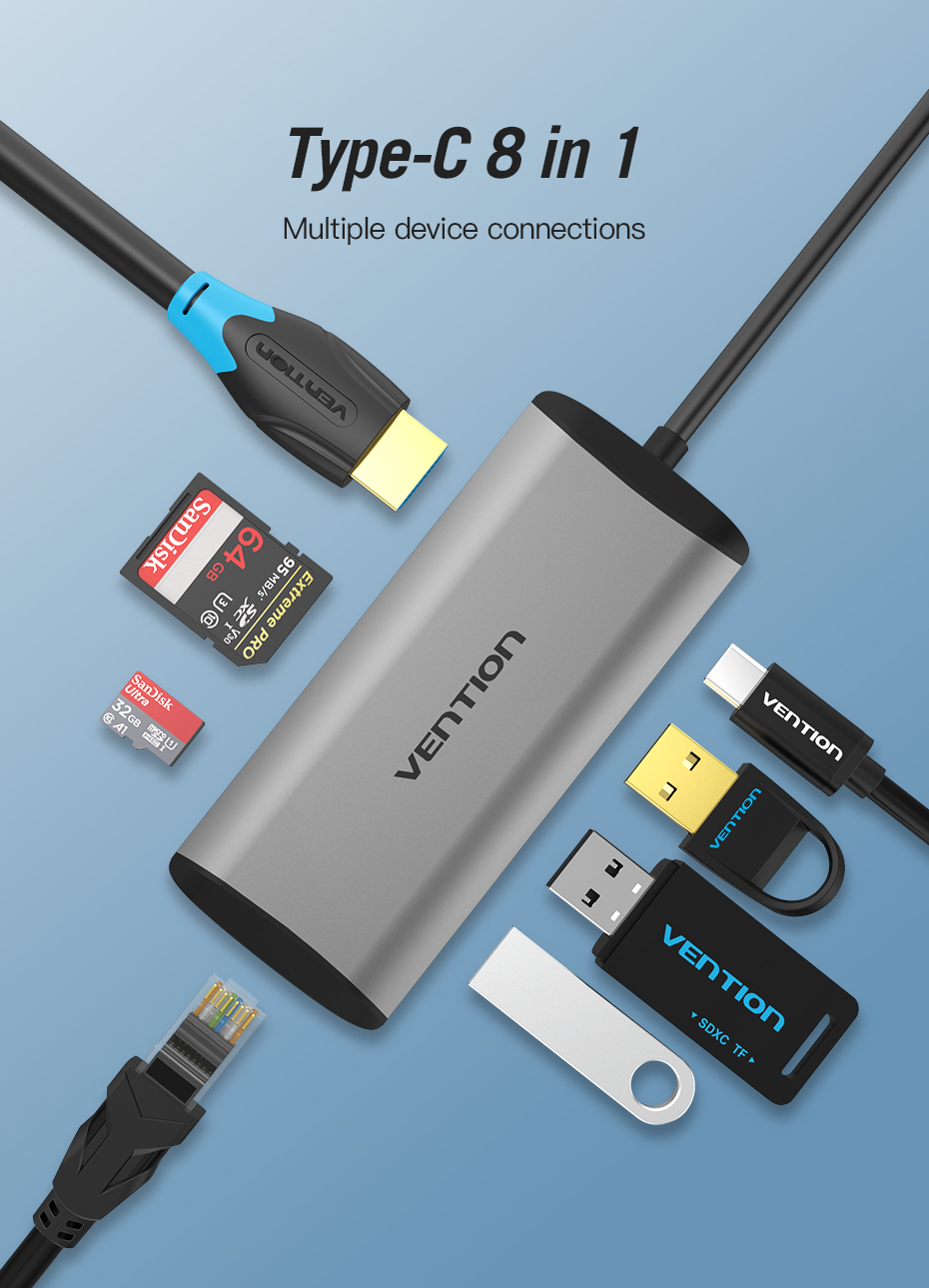 Vention Type-C to HDMI/3XUSB3.0/RJ45/TF/SD Con