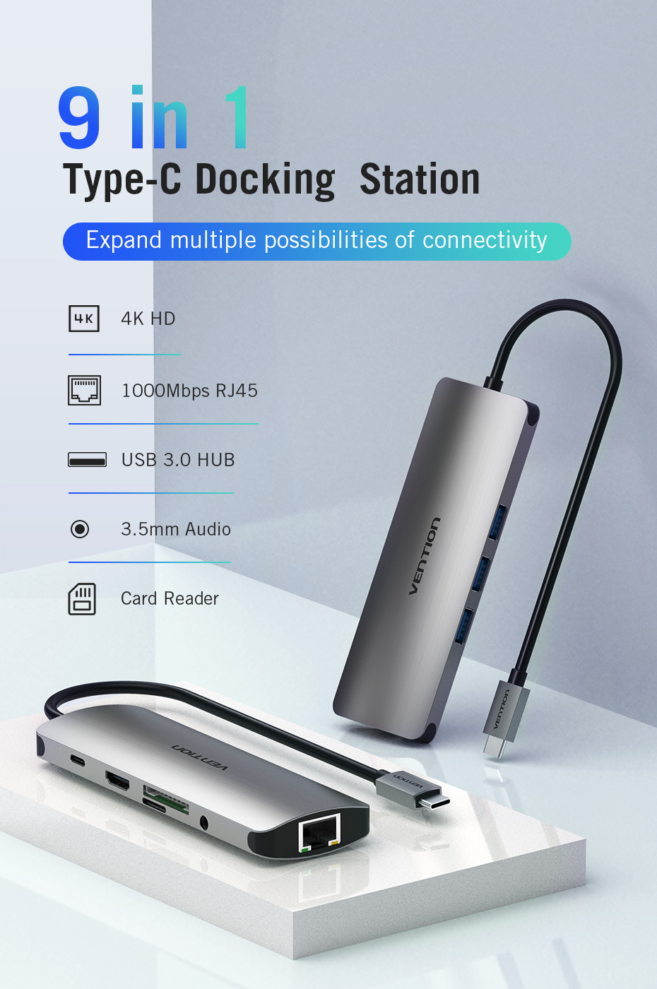 Vention Type-C to HDMI/3XUSB3.0/RJ45/TF/SD/Audio