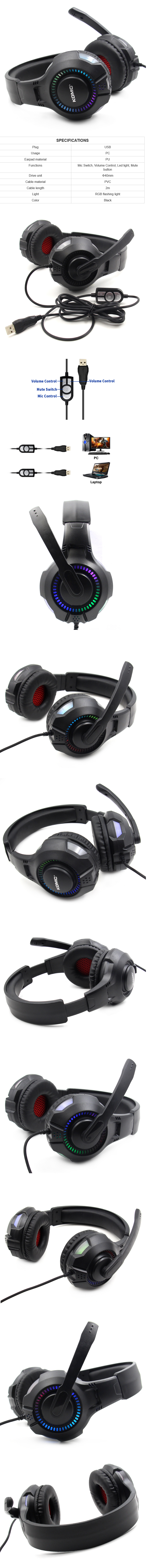 KOMC G301 Wired Computer Gaming Headphone for PC with RGB Flashing Light