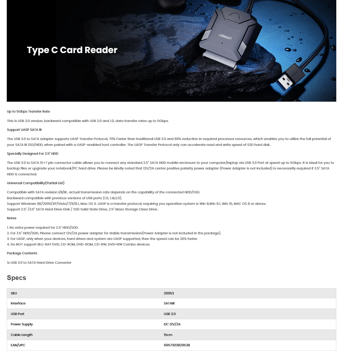 UGREEN CR108 USB 3.0 to SATA Hard Drive Converter