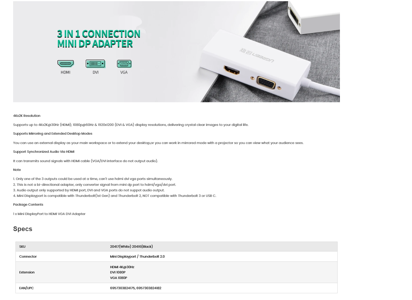 UGREEN MD114 Mini DP to HDMI VGA DVI Adapter
