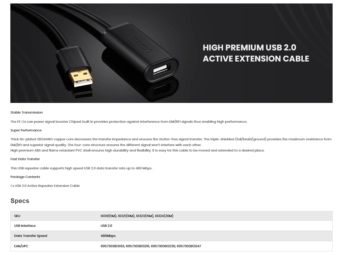 UGREEN US103 USB 2.0 Active Extension Cable-5M