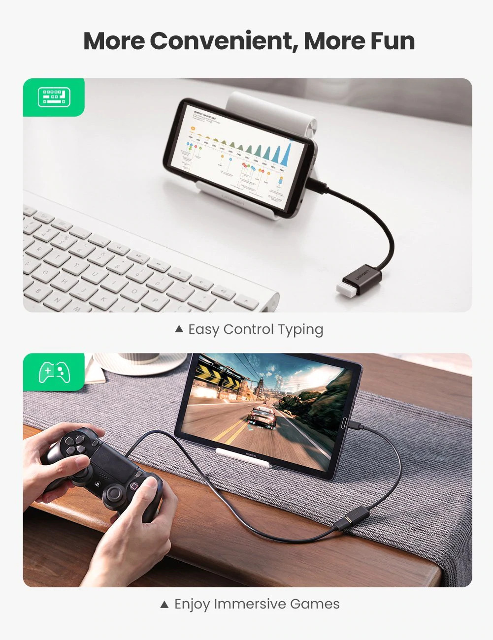 UGREEN US133 Micro USB Male to USB-A Female Cable with OTG Nickel Plating- 15cm