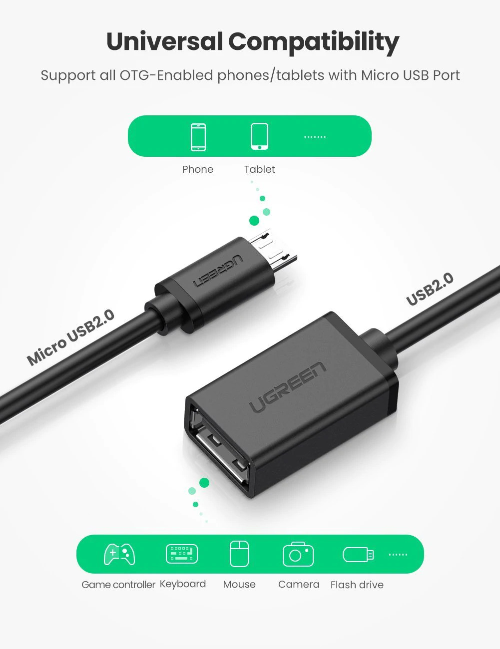UGREEN US133 Micro USB Male to USB-A Female Cable with OTG Nickel Plating- 15cm