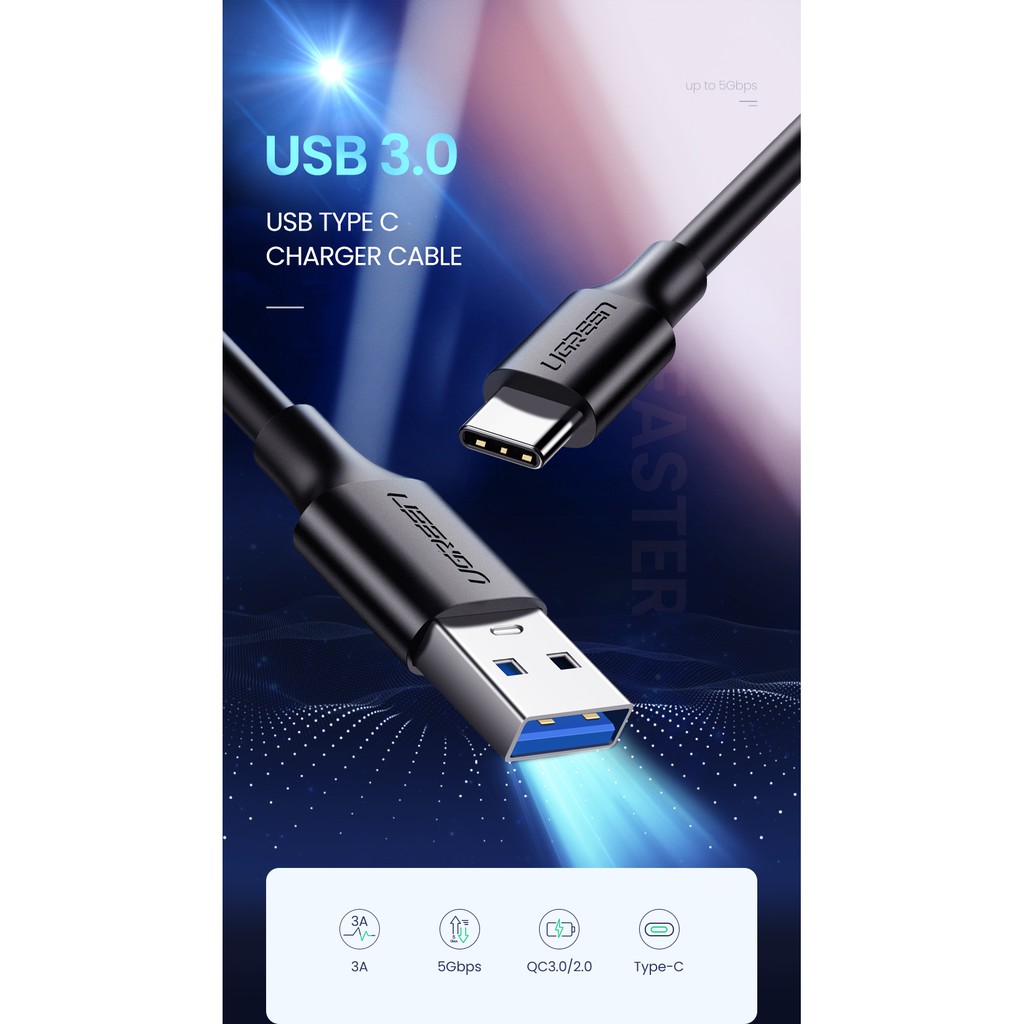 UGREEN US184 USB3.0A Male to Type-C male Cable Nickel Plating- 1M