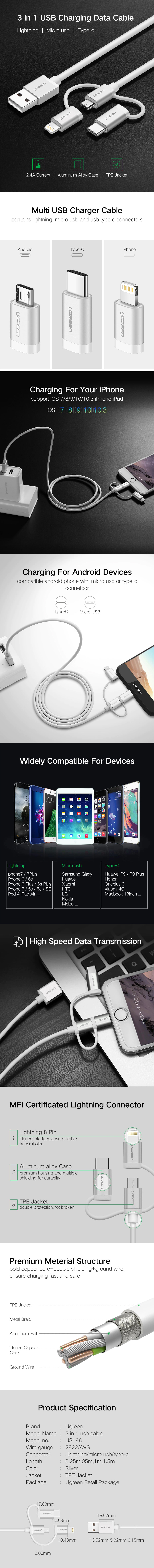 UGREEN US186 3-in-1 Charging & Syncing Cable