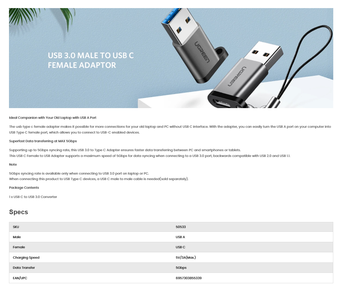 UGREEN US276 USB C to USB 3.0 Converter