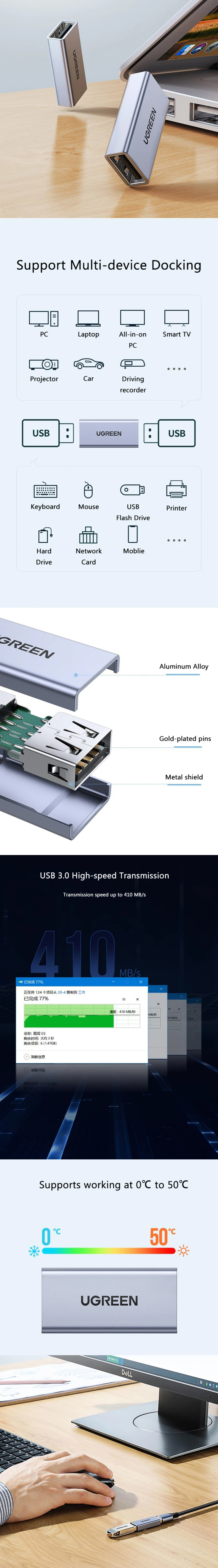 UGREEN US381 USB 3.0 Aluminum Extension Adapter USB 3.0 Style Female to Female Adapter or Data Transfer