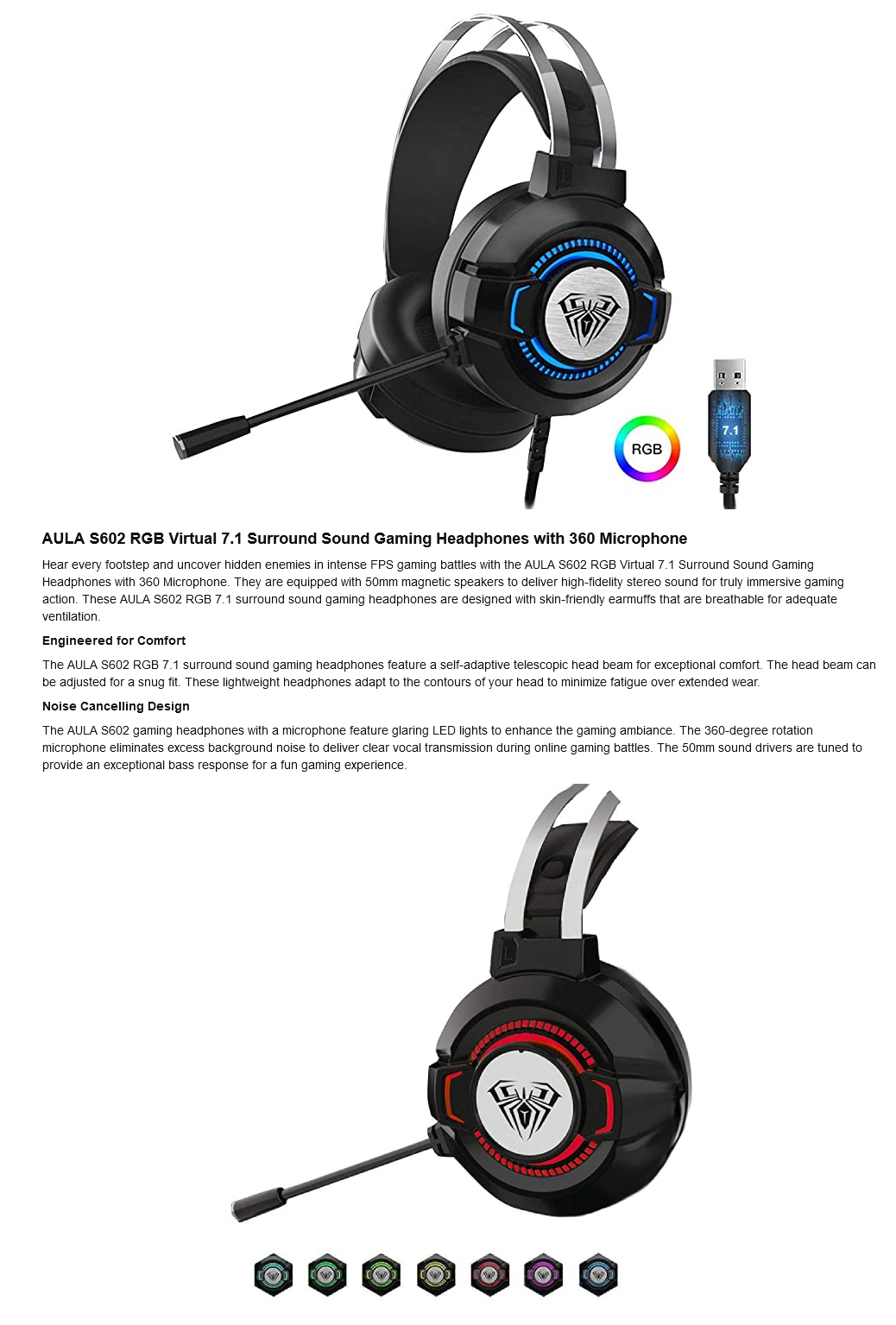 AULA S602 RGB Gaming Headphone With 360 Microphone