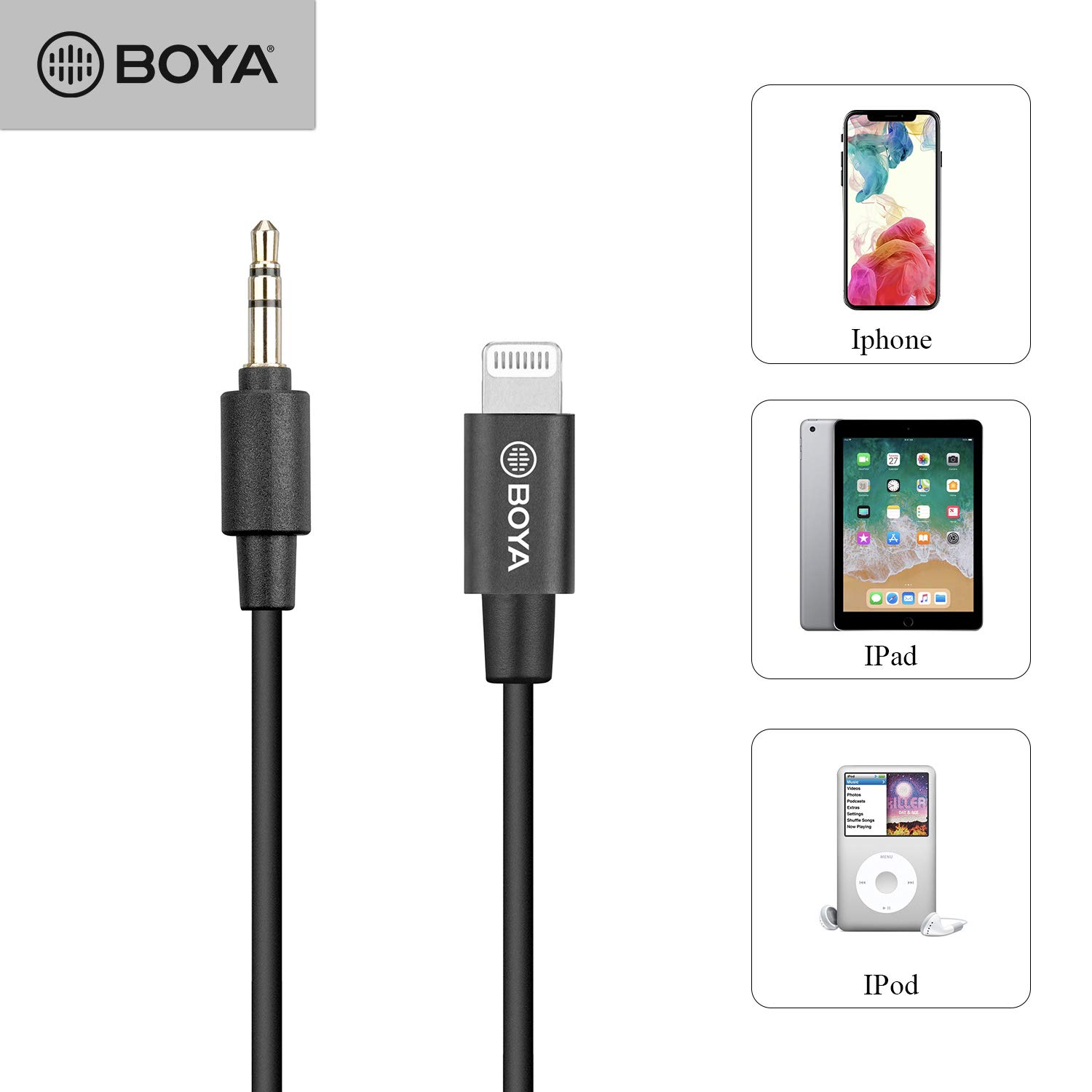 BOYA BY-K1 3.5mm Male to Apple MFi Male Certified Lightning Adapter Cable (20cm)