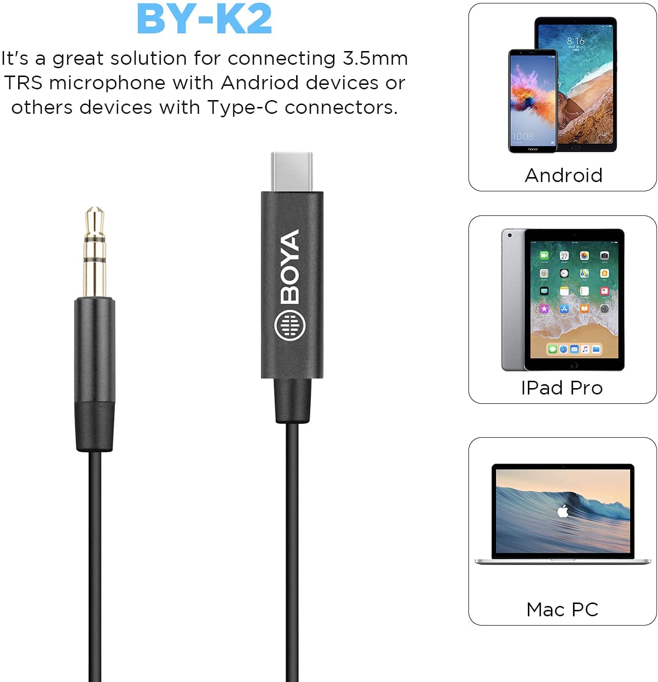 BOYA BY-K2 3.5mm TRS Male to Type-C Male Audio Adapter Cable (7.8in)