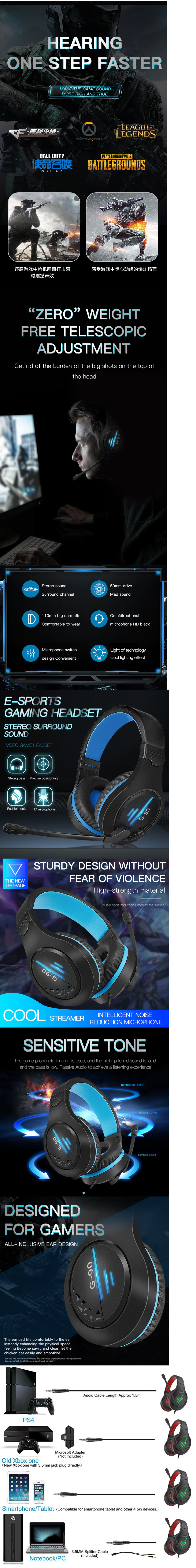 Gaming Headset G-90 with Light Microphone Stereo Deep Bass for PC Computer Laptop PS4 New X-BOX
