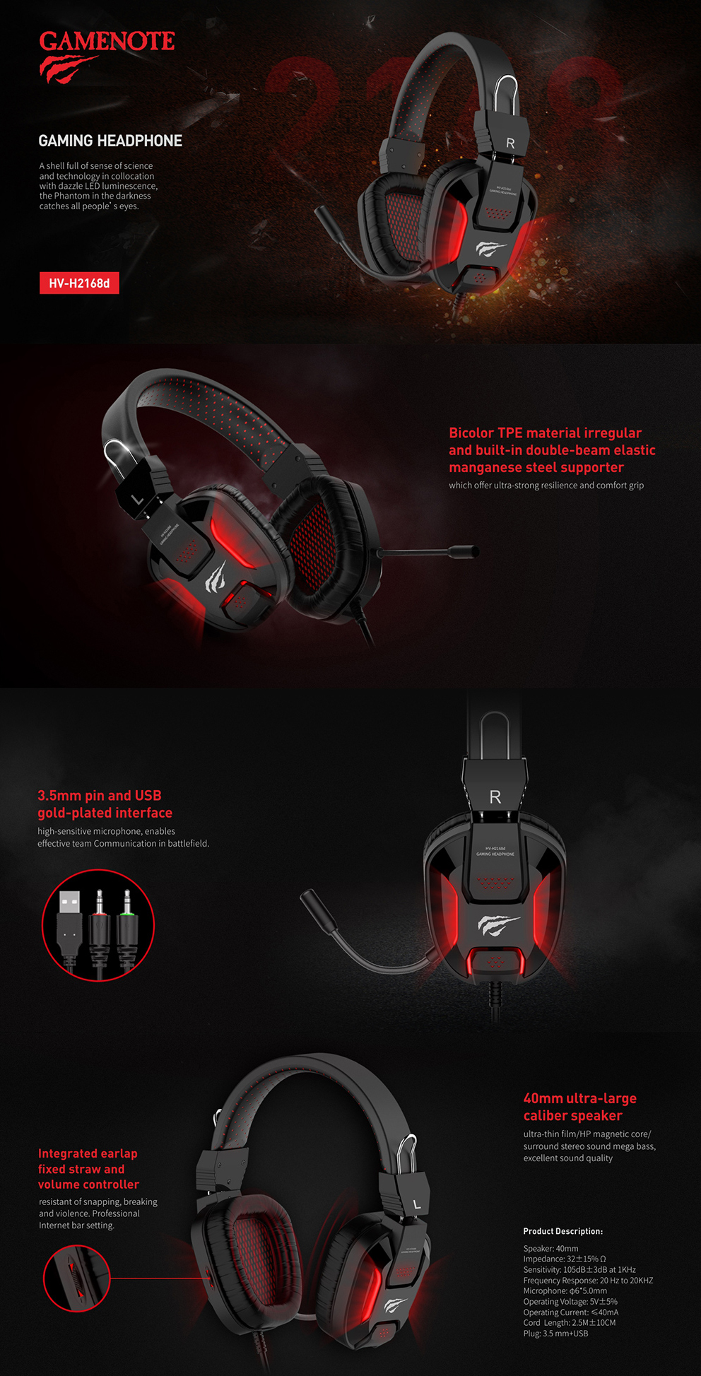 havit  HV-H2168d Red LED Gaming Headset With Microphone For PC / Laptop / Mobile