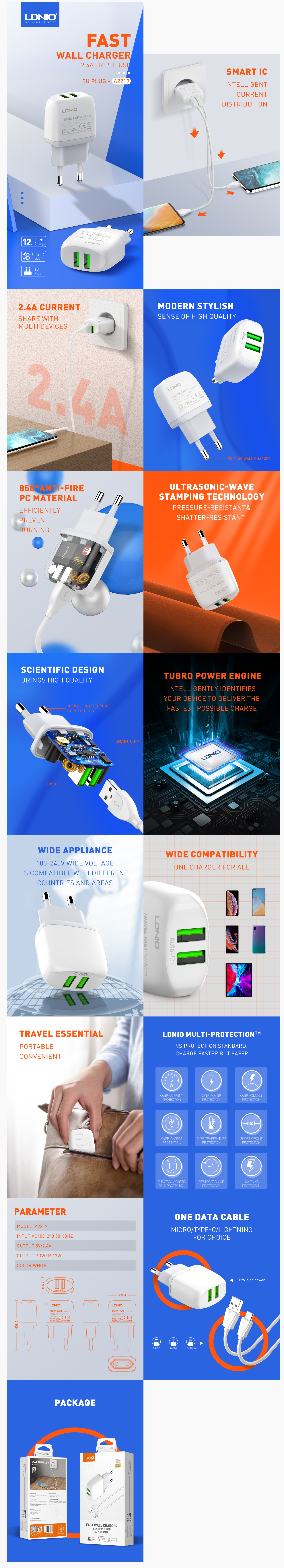 LDNIO A2219 Fast Wall Charger 2.4A Dual USB + Type C Cable
