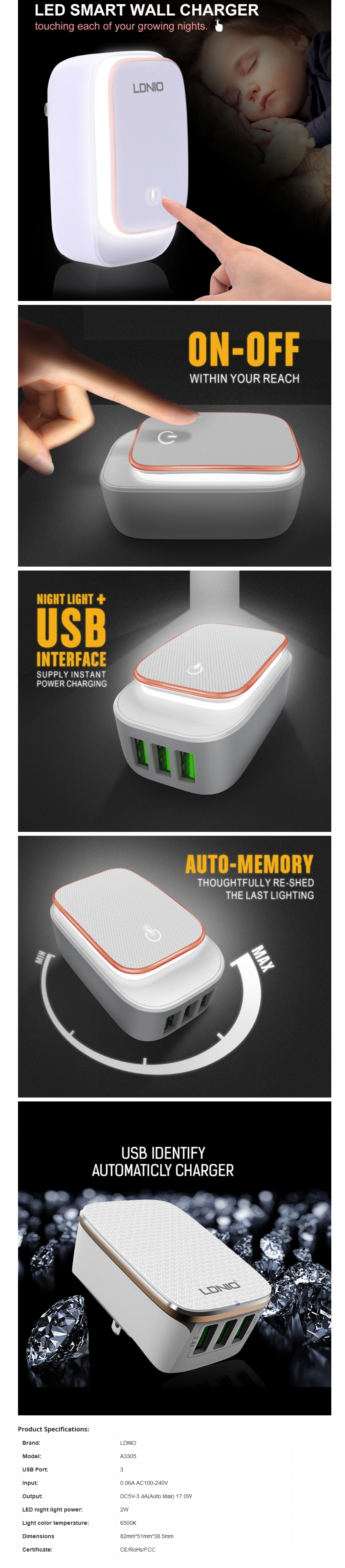 LDNIO A3305 Fast Charger 3 USB Port Adapter with LED Ligh + Samsung Cable
