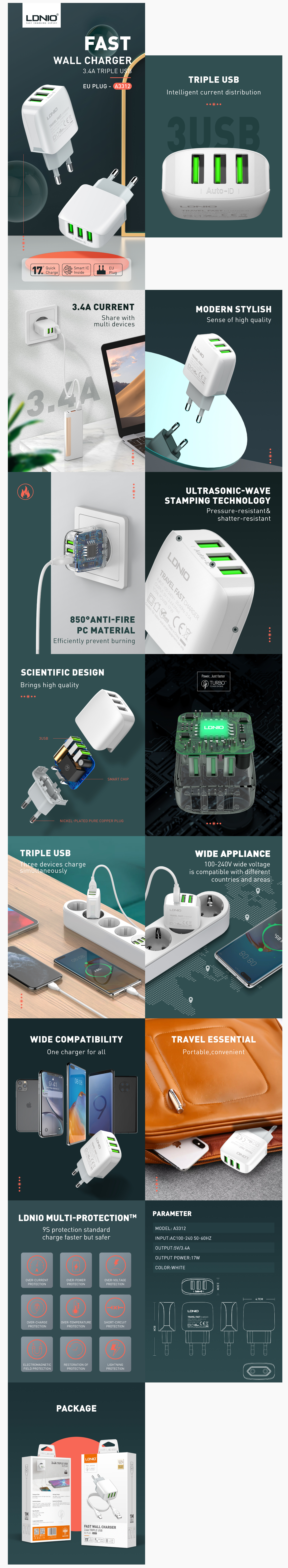 LDNIO A3312 Fast Wall Charger 3.4A Triple USB + Type C Cable