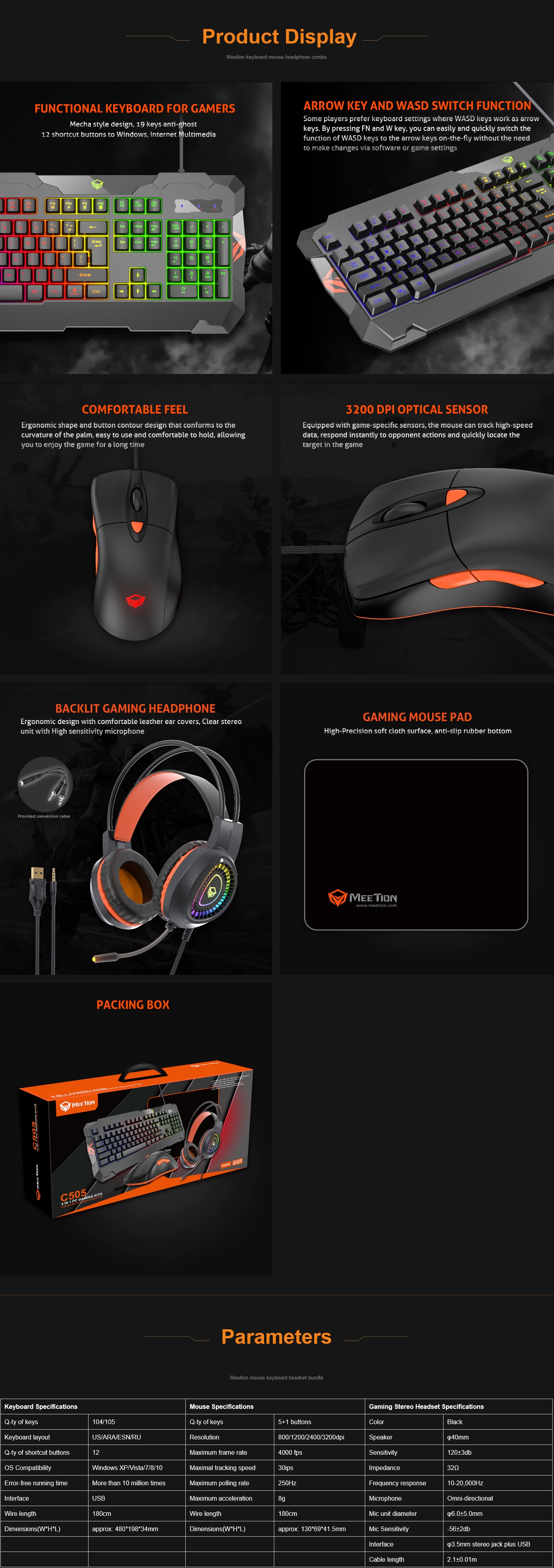 MeeTion MT-C505 Gaming Mouse Keyboard and Headset Combo with Mouse Pad