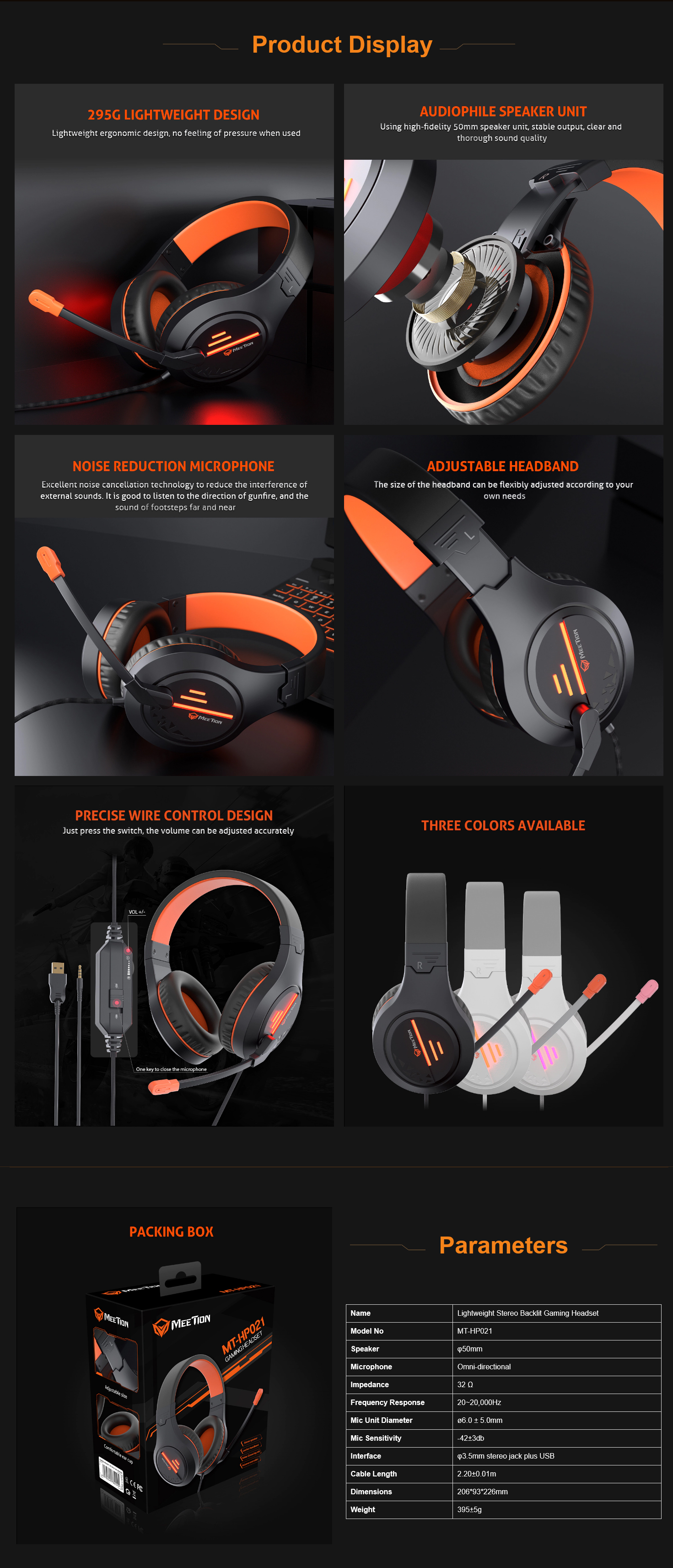 MeeTion MT-HP021 Stereo Gaming Headphones White Orange Lightweight Backlit