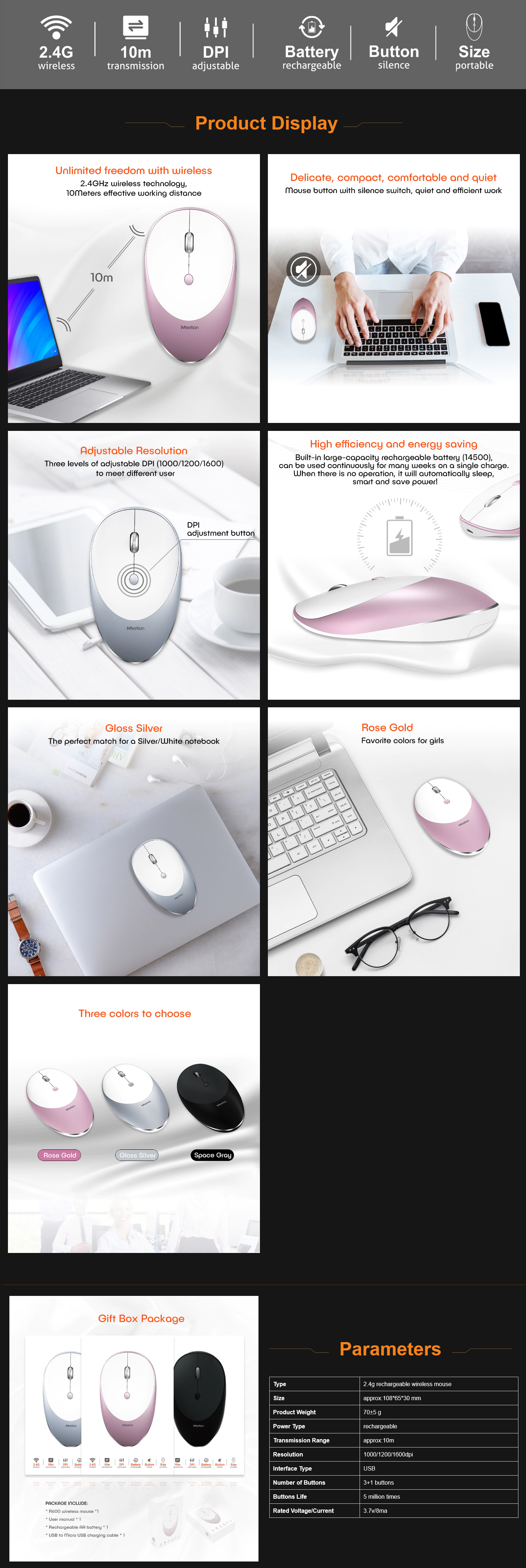 MeeTion MT-R600 2.4g Slim Rechargeable Silent Wireless Mouse